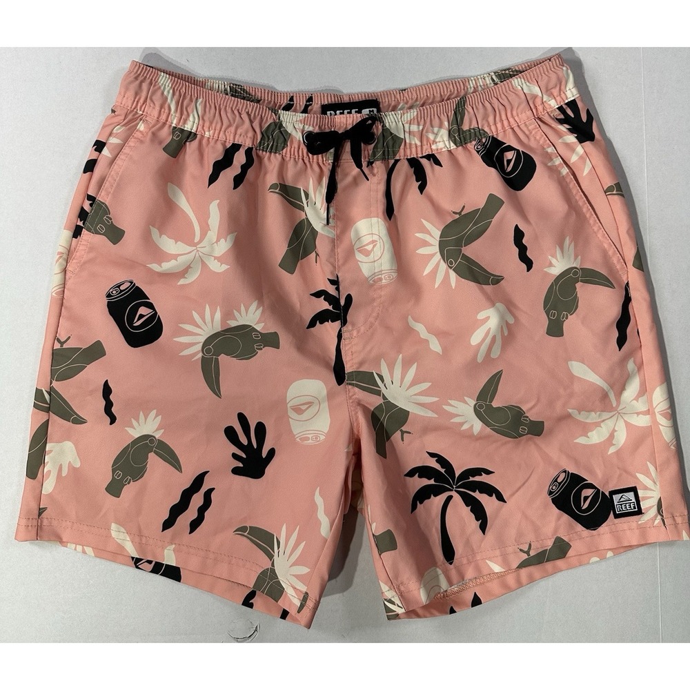 Reef Swim Trunks Men's Medium Pink Tropical Print Toucan Cans Beach Shorts